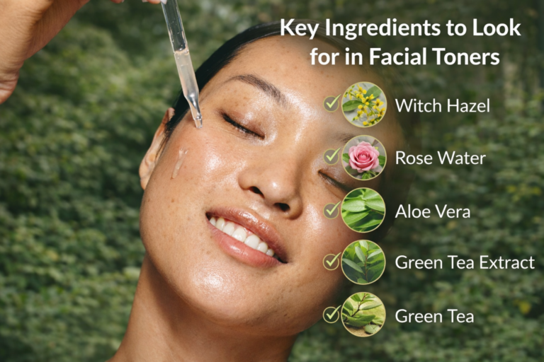 Woman with glowing skin applying serum with a dropper against a natural green background, alongside text highlighting key facial toner ingredients like witch hazel, rose water, aloe vera, and green tea extract.