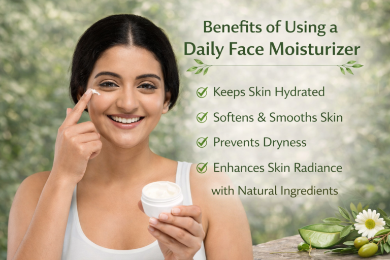 Smiling woman applying daily face moisturizer with natural green background highlighting skin hydration and radiance benefits.