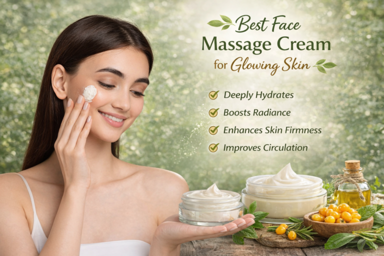 Smiling woman applying face massage cream on her cheek with natural ingredients and jars displayed on a soft green background.