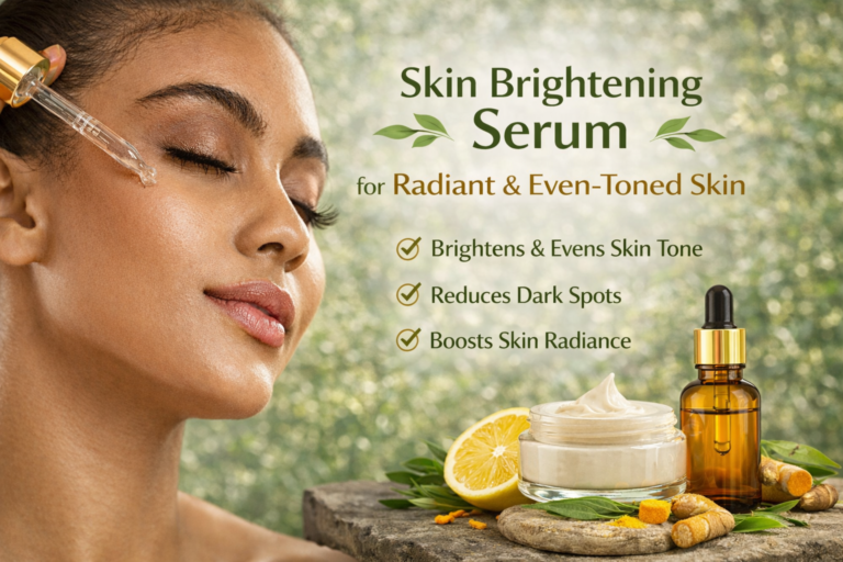 Close-up of a woman applying brightening serum with a dropper, with natural ingredients and product jars displayed on a soft green background.