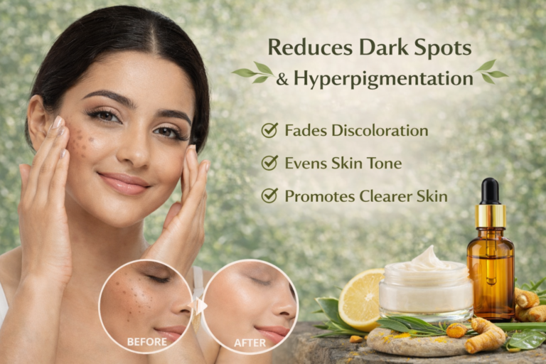 Close-up of a woman with clear, glowing skin holding a skincare product against a soft natural green background, representing reduction of dark spots and hyperpigmentation.